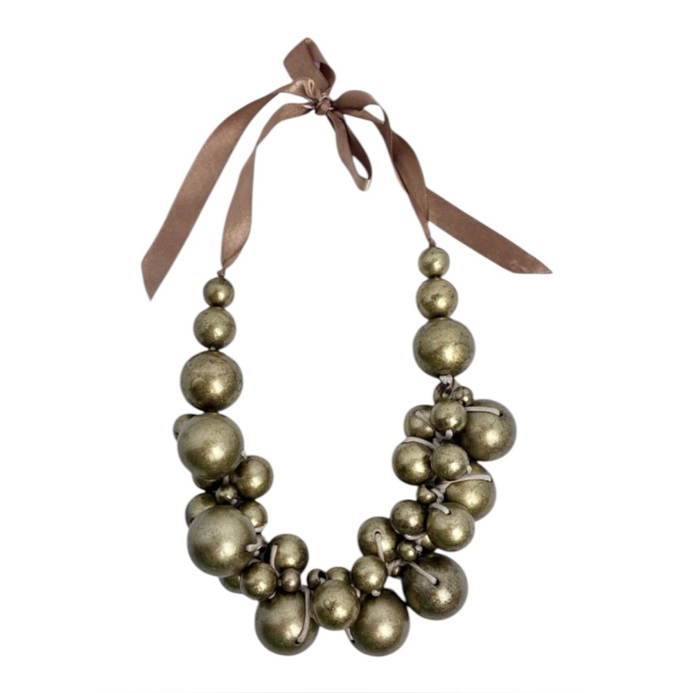 Maximalist Chunky Bead Necklace 40in Tie Closure Champagne Gold Metallic Beads